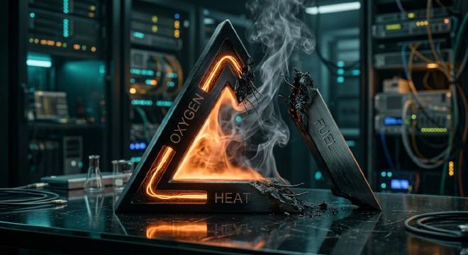 The fire triangle diagram showing fuel, heat, and oxygen as the three elements required for combustion, paralleling the lethal trifecta for AI agents